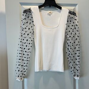 Eesome White Blouse with Sheer Polka Dot Sleeves